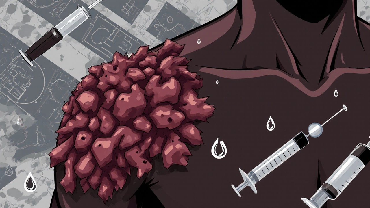 A raised keloid scar with medical tools like silicone sheets and syringes floating around it in a geometric style.