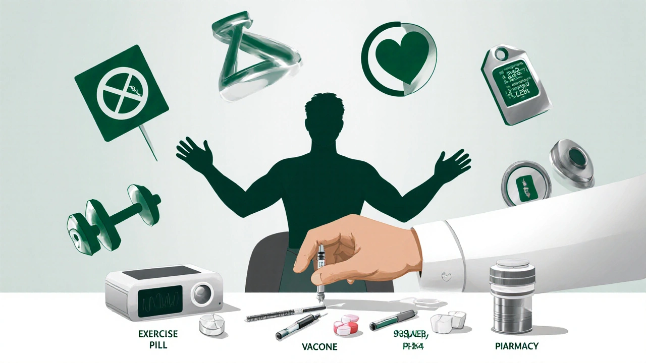 A urologist placing ED treatment tools on a bench surrounded by health icons like exercise and heart monitor.