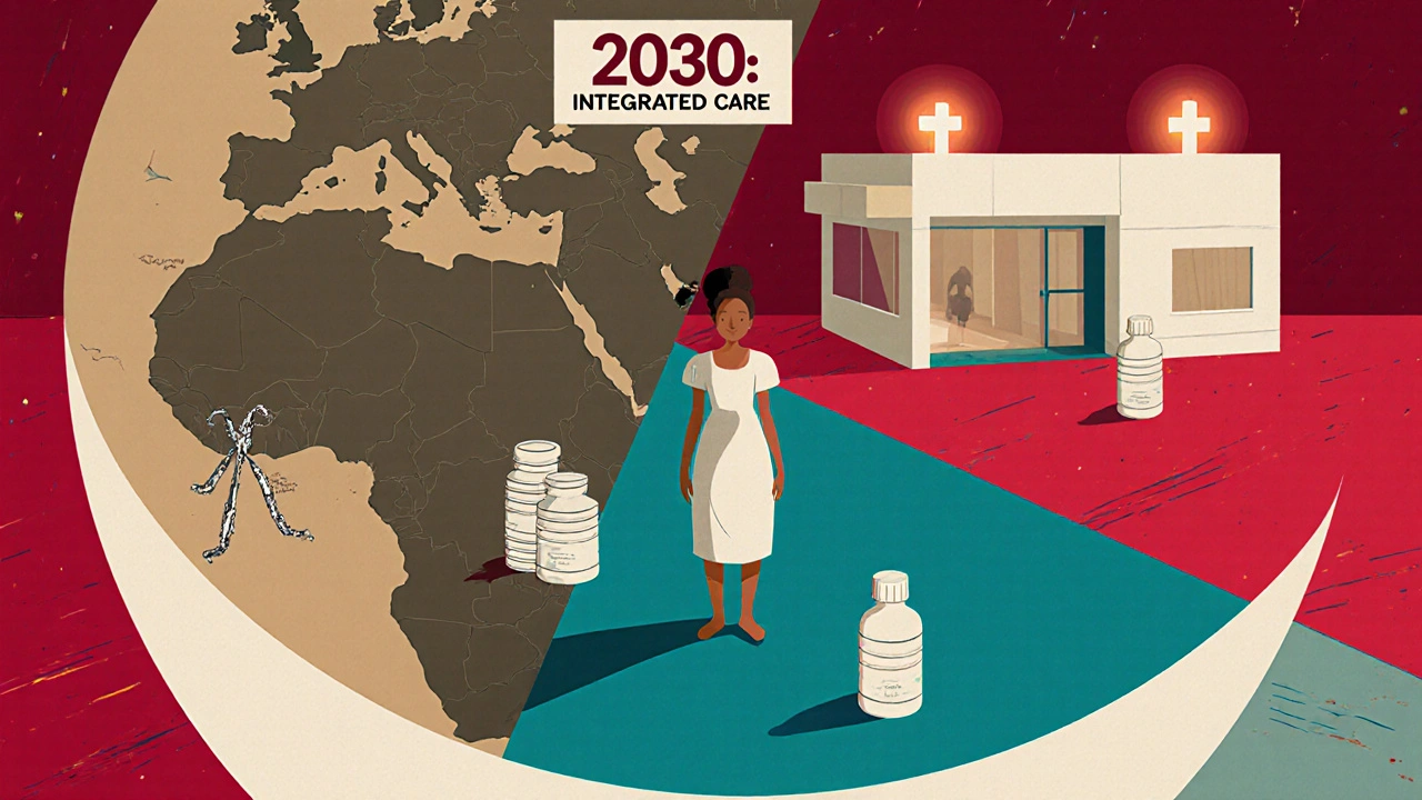 A woman at the center of a globe showing unequal access to IUDs in Africa versus integrated care in the U.S., with glowing beacons of reproductive health.