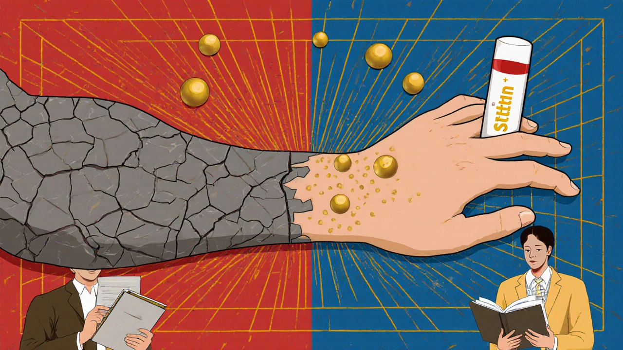 Arm transforming from psoriasis plaques to smooth skin as golden particles restore order, with abstract background of chaos and calm.