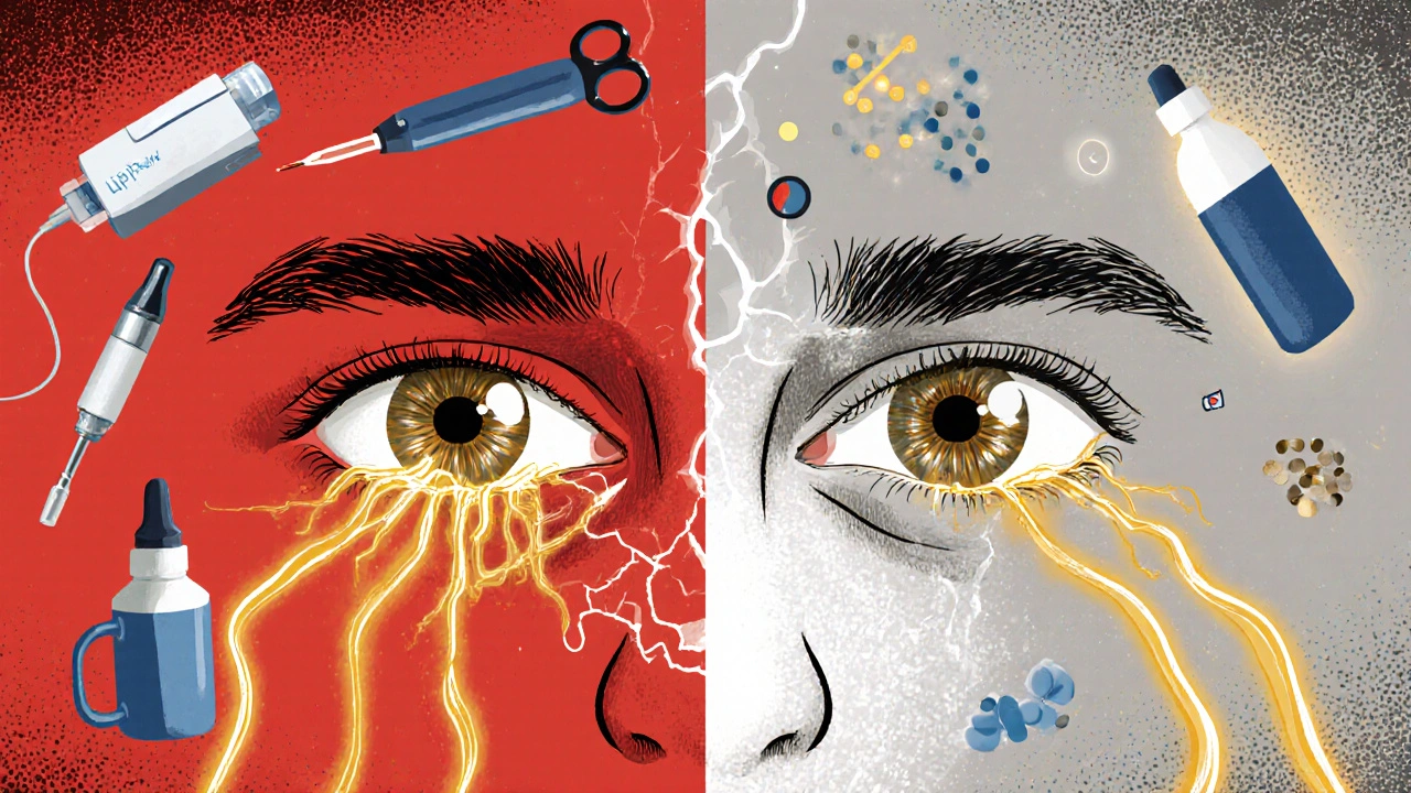Contrasting healthy vs. damaged meibomian glands, with symbols of failed treatments and emerging therapies.