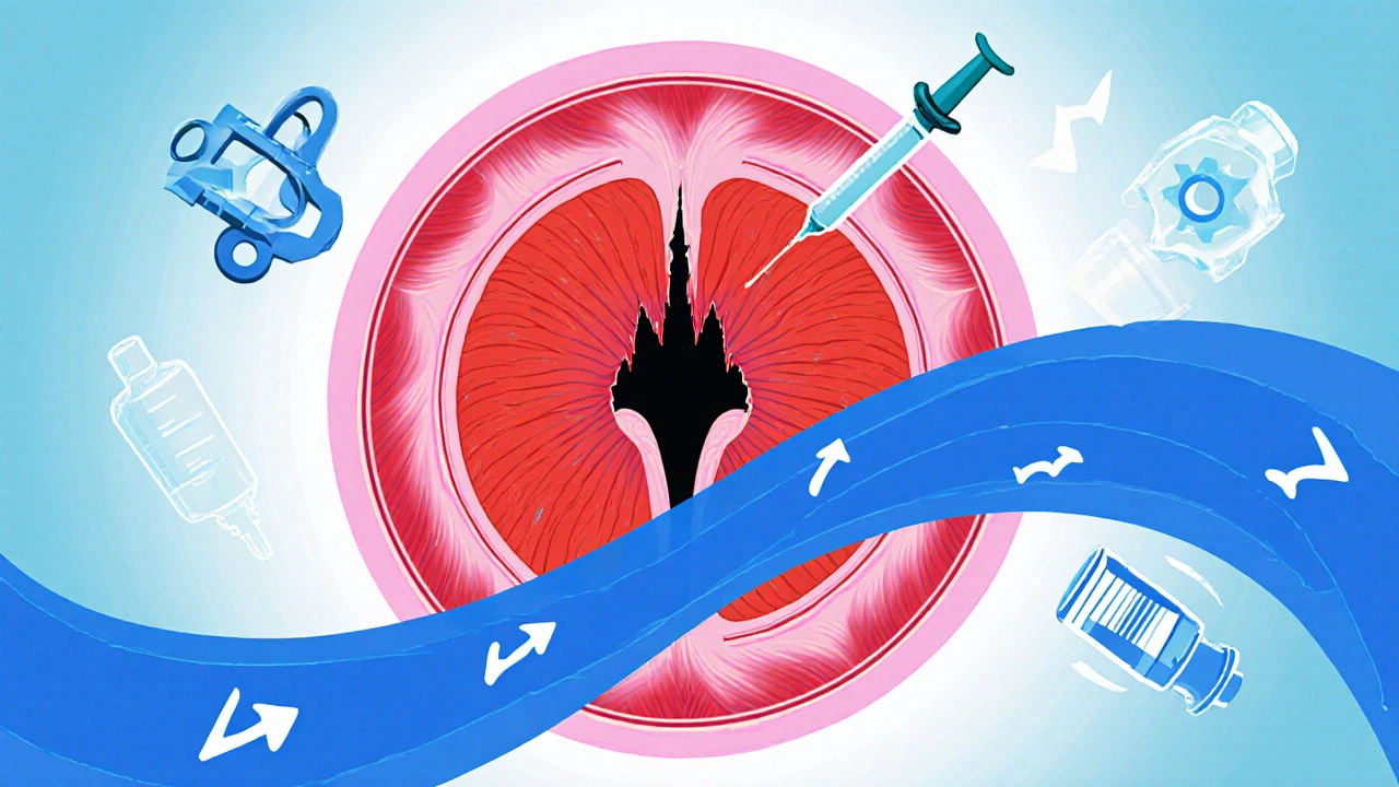Cross-section of anal canal showing muscle spasm and restored blood flow with medical elements in abstract form.