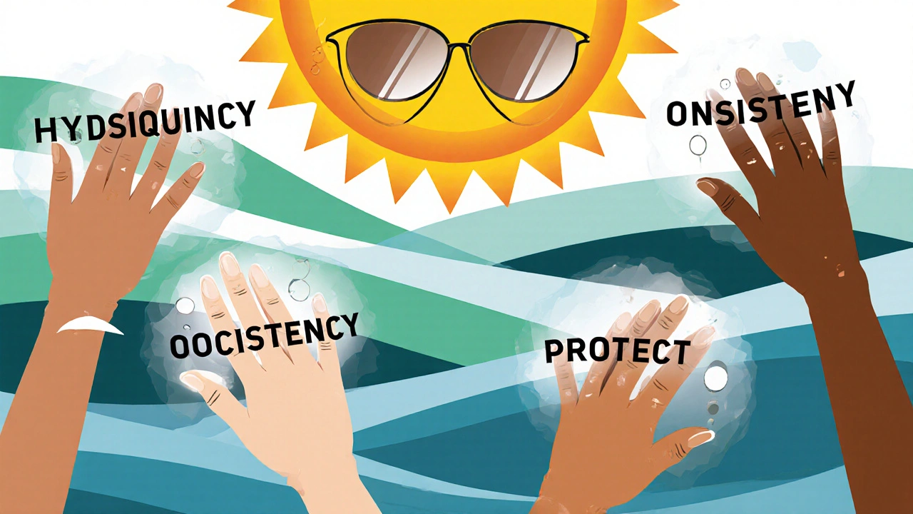 Diverse hands applying skincare treatments surrounded by abstract waves of fading pigment and protective light.