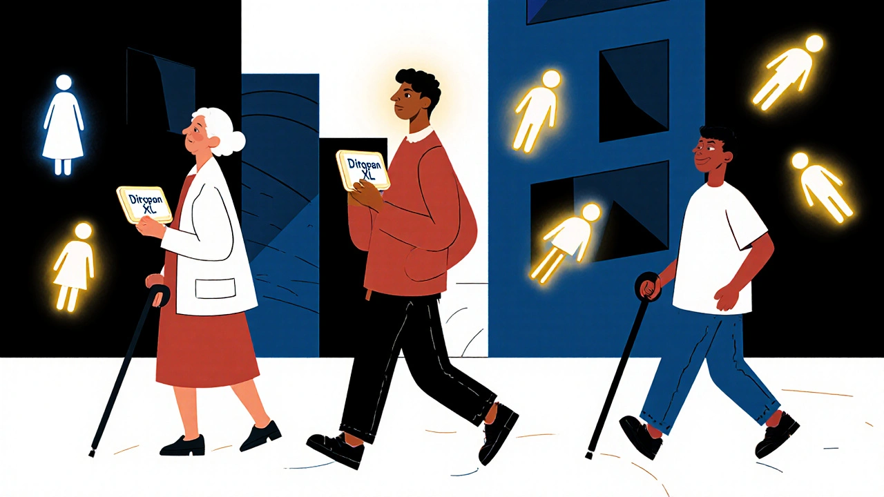 Diverse people walking freely past fading bathroom icons, empowered by medication.