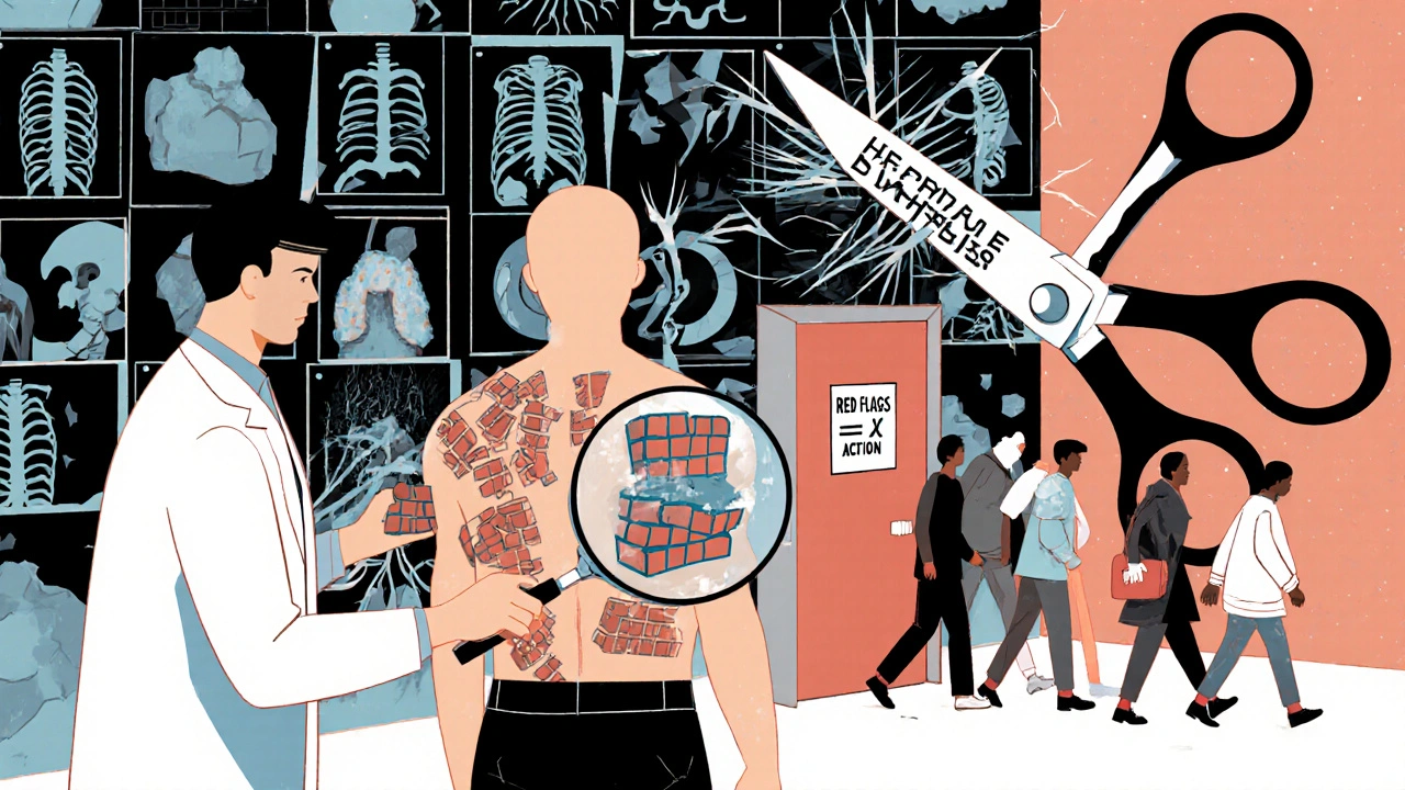 Doctor using a magnifying glass to reveal hidden causes beneath skin, while unnecessary scans are being cut by scissors labeled &#039;Choosing Wisely&#039;.