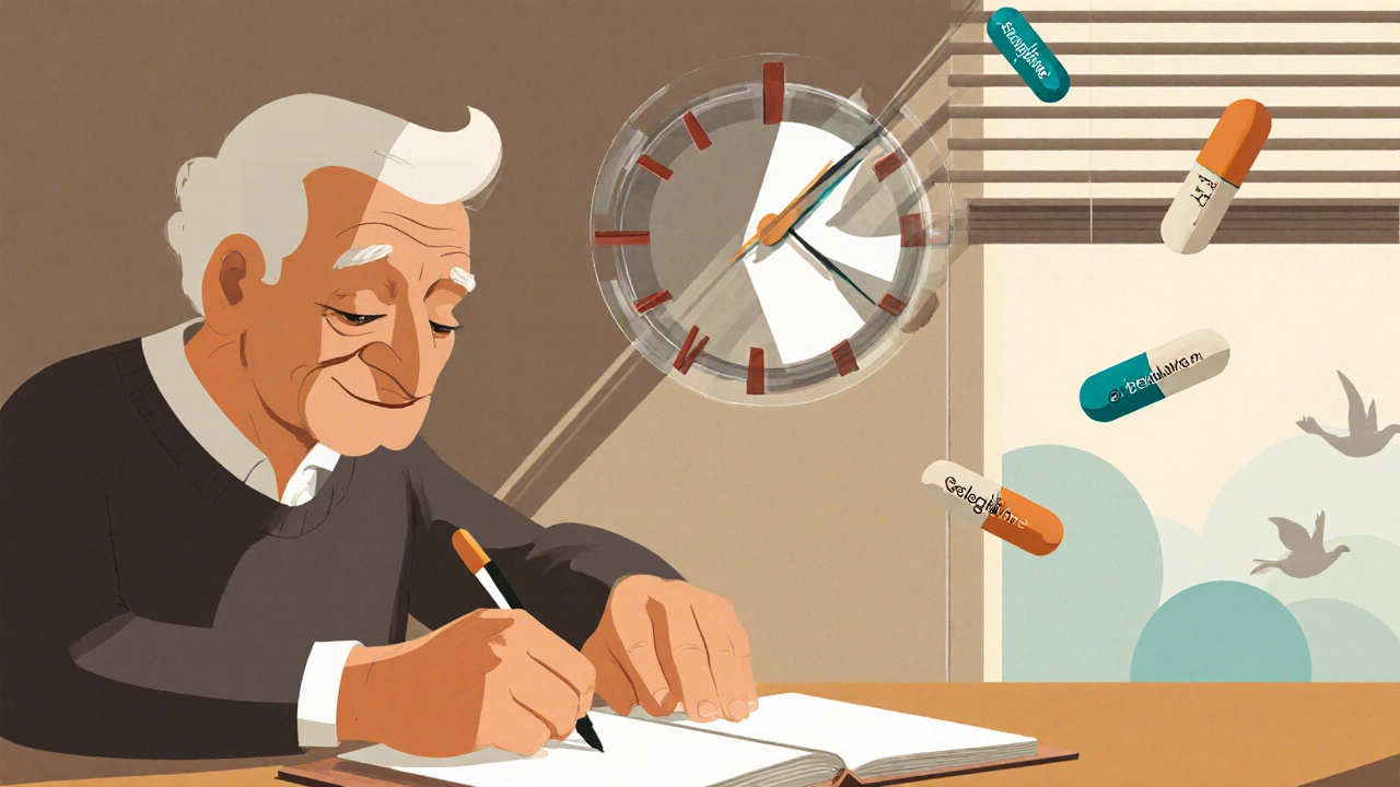 Elderly person writing steadily with floating selegiline pills and backward-ticking clock