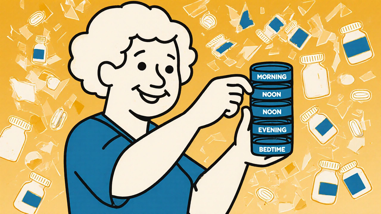 Elderly woman holding a simplified pill organizer with four daily compartments.