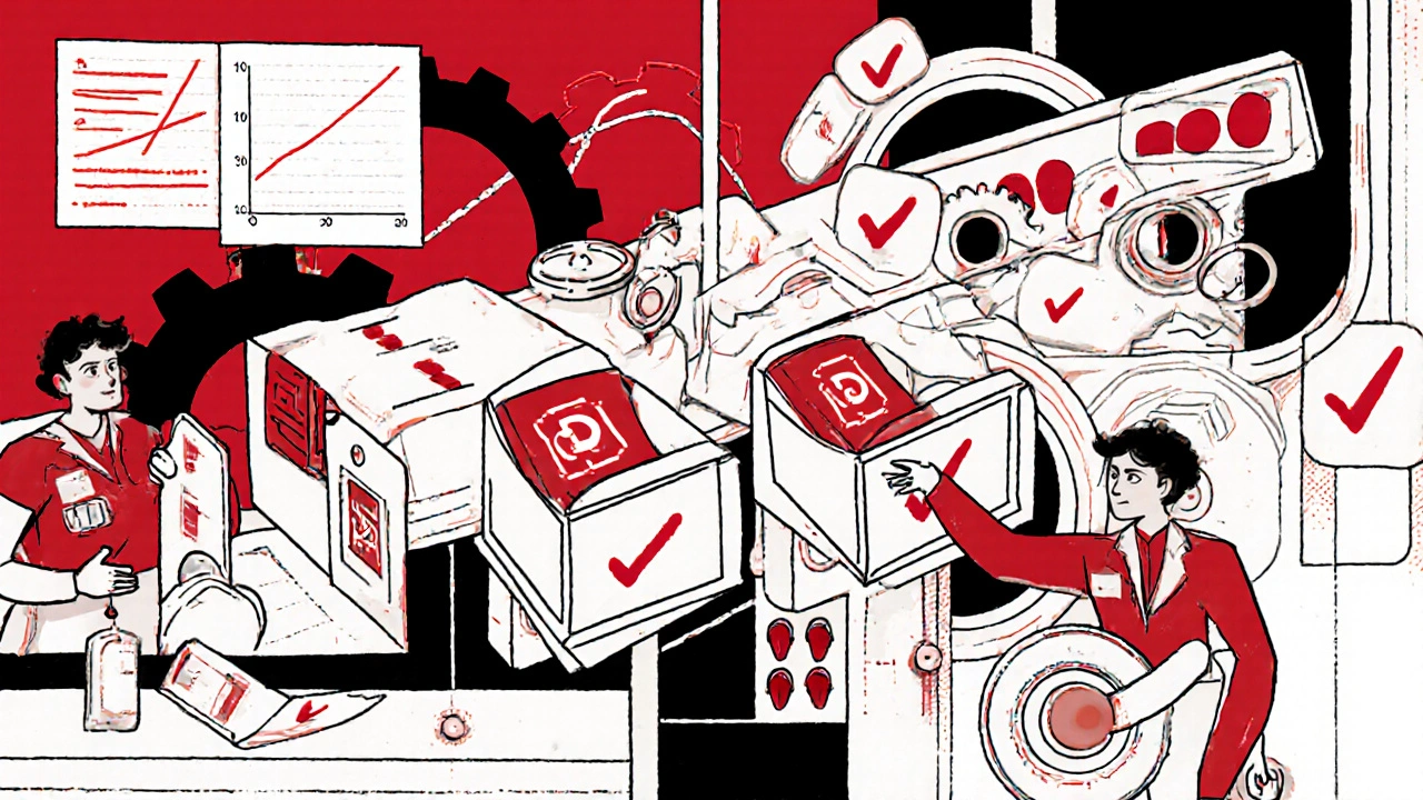 Factory line producing identical pills with different labels, quality control in progress.