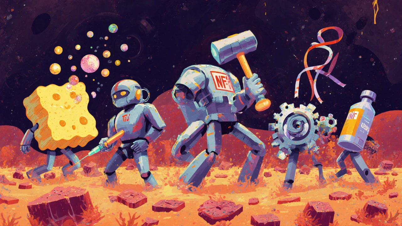 Five stylized TNF inhibitor drugs as mechanical agents fighting inflammation in a geometric battlefield.