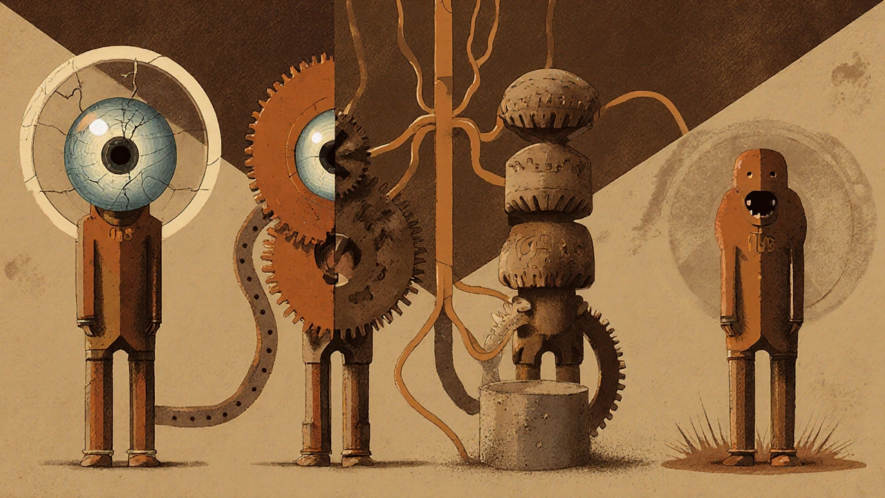 Four symbolic figures representing the four types of multiple sclerosis in geometric, mechanical forms.