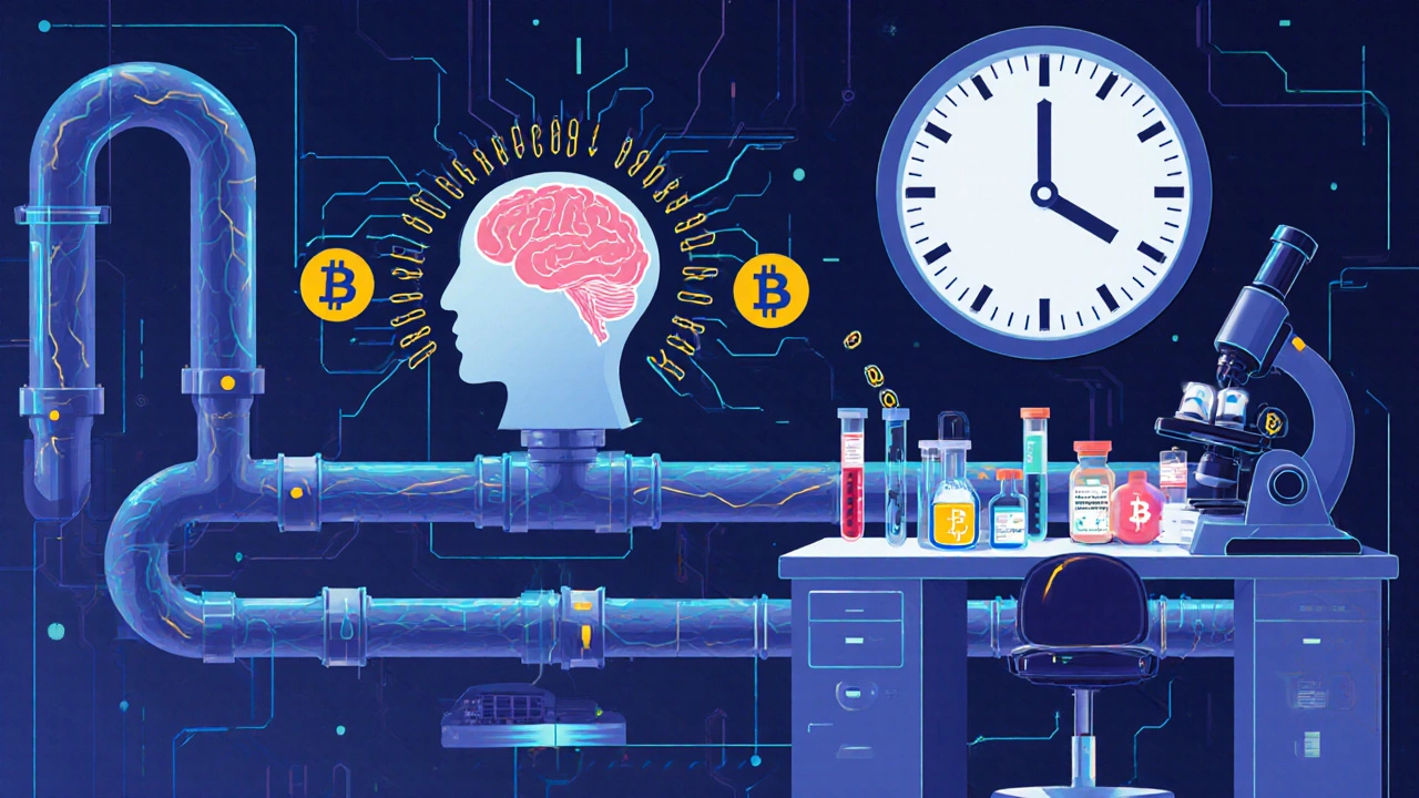 Futuristic manufacturing line with sensors and AI core replacing traditional lab tools, clock ticking toward 2028.