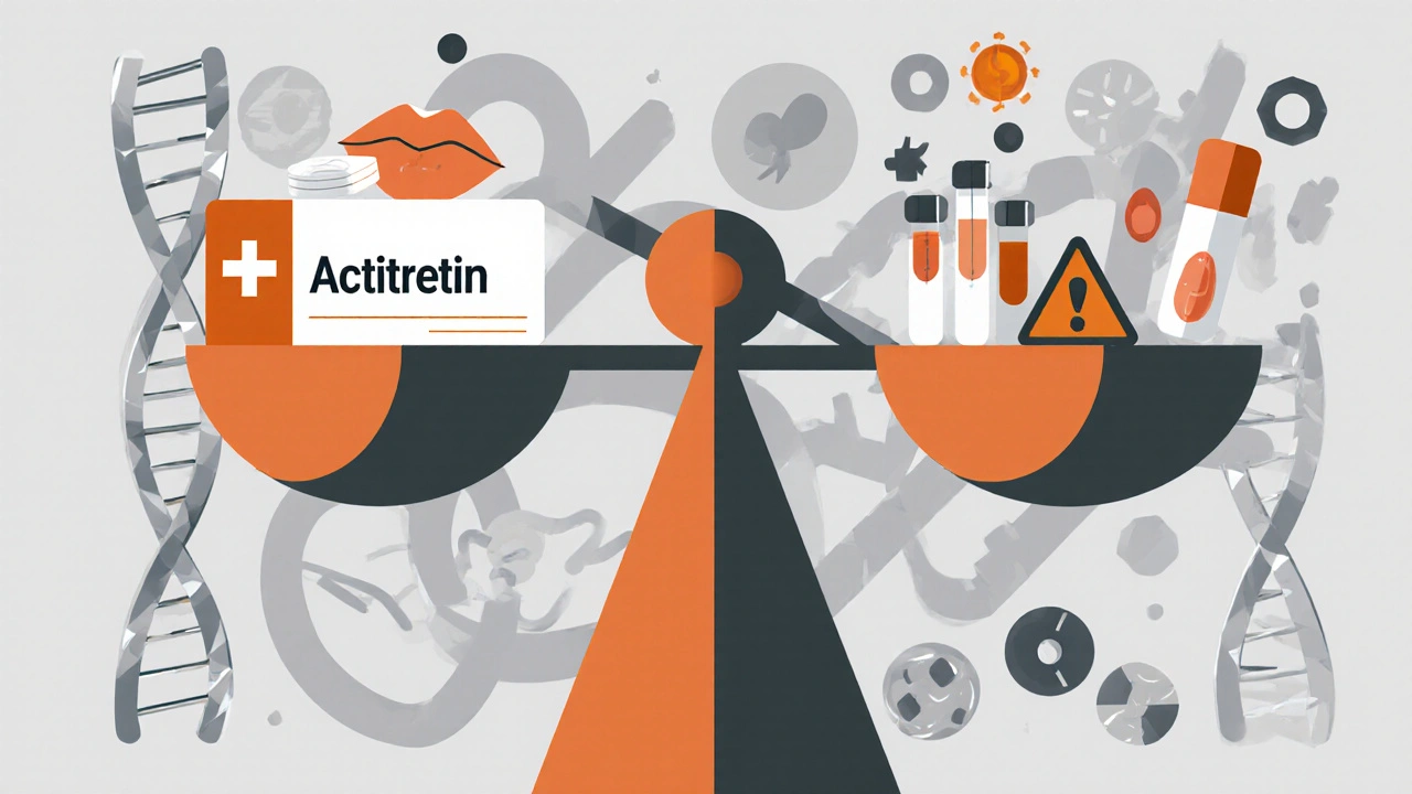 Medical scale balancing acitretin benefits against side effects like dryness, sun sensitivity, and pregnancy risk in mechanical abstract forms.