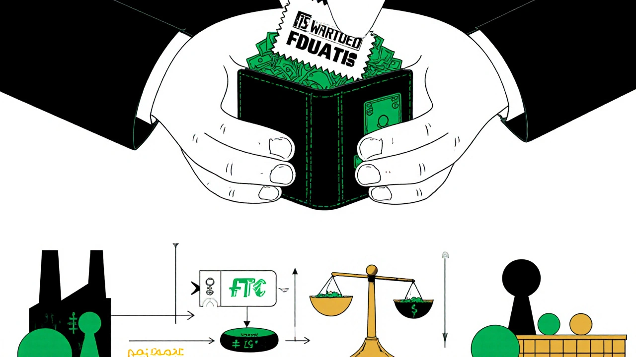 Patient&#039;s wallet filled with savings, above an FDA stamp and flowchart showing generic drug production.