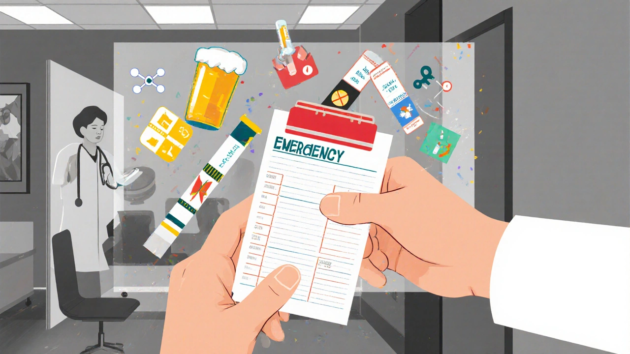 Patient giving a colorful medication log to a doctor in an emergency room setting.