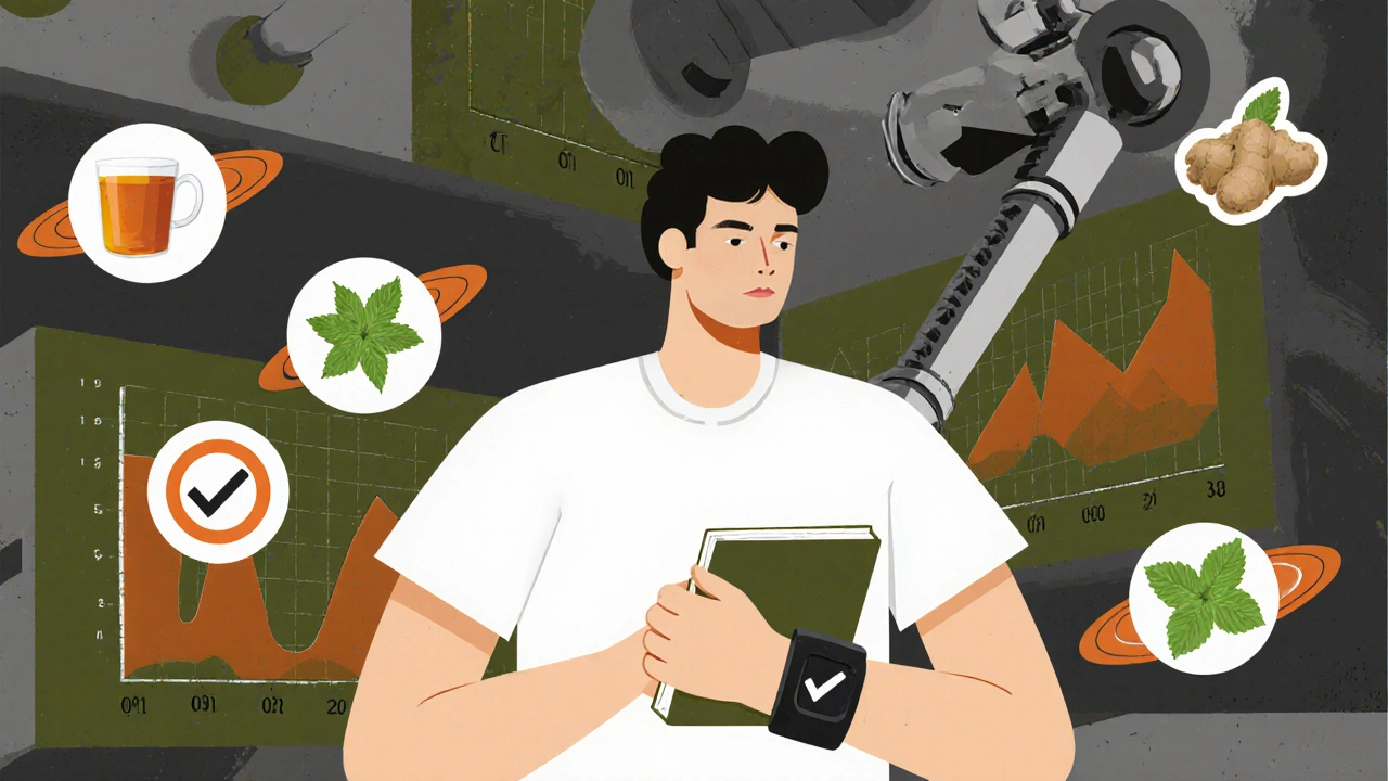 Patient with wristband and journal, surrounded by floating health icons in industrial cartoon style.