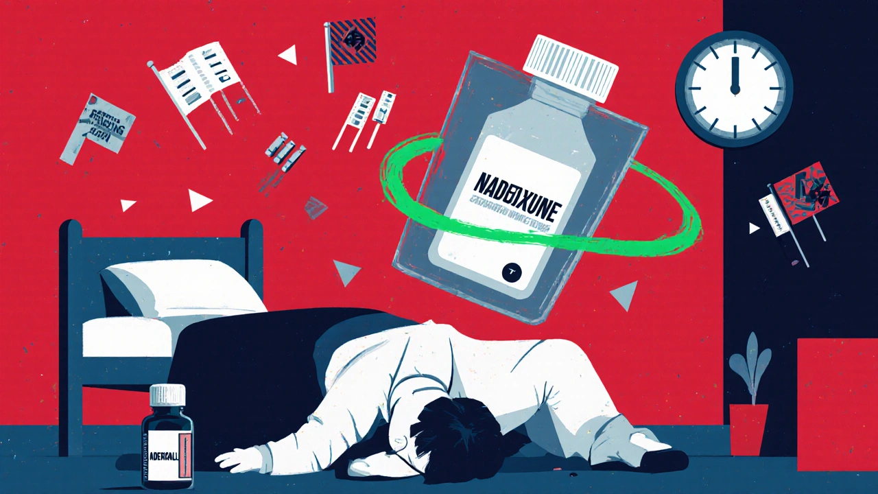 Person collapsing with naloxone spray hovering above, test strips floating like flags in a dorm room.