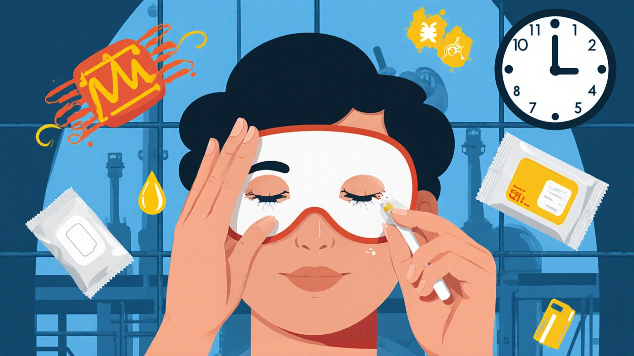 Person using heated mask and cotton swab for eyelid care, with floating icons of heat, oil, and cleaning.