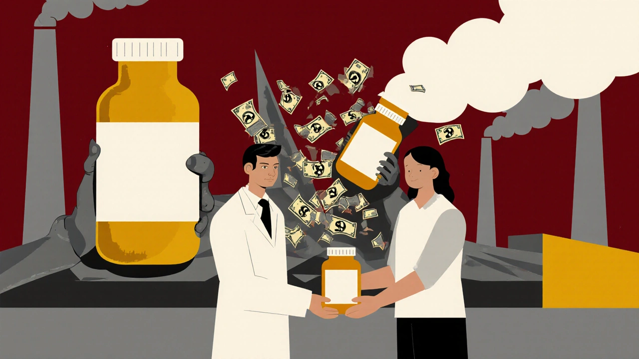 Pharmacist giving a plain pill bottle to a patient as a branded bottle breaks into dollar fragments.