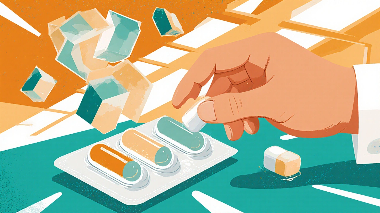 Pharmacist merging multiple medication shapes into one unified pill form.