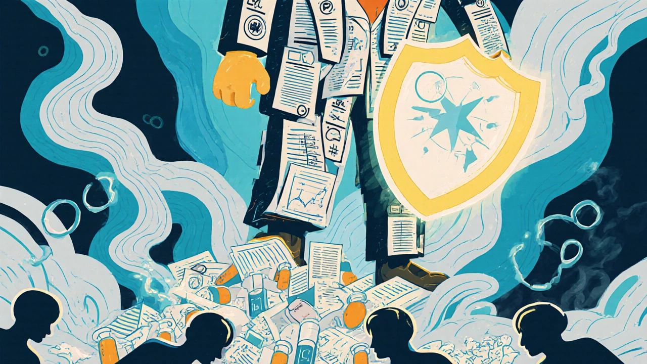 Qualified Person standing on vials, approving drug batches with a shield-shaped stamp as data rivers flow below.