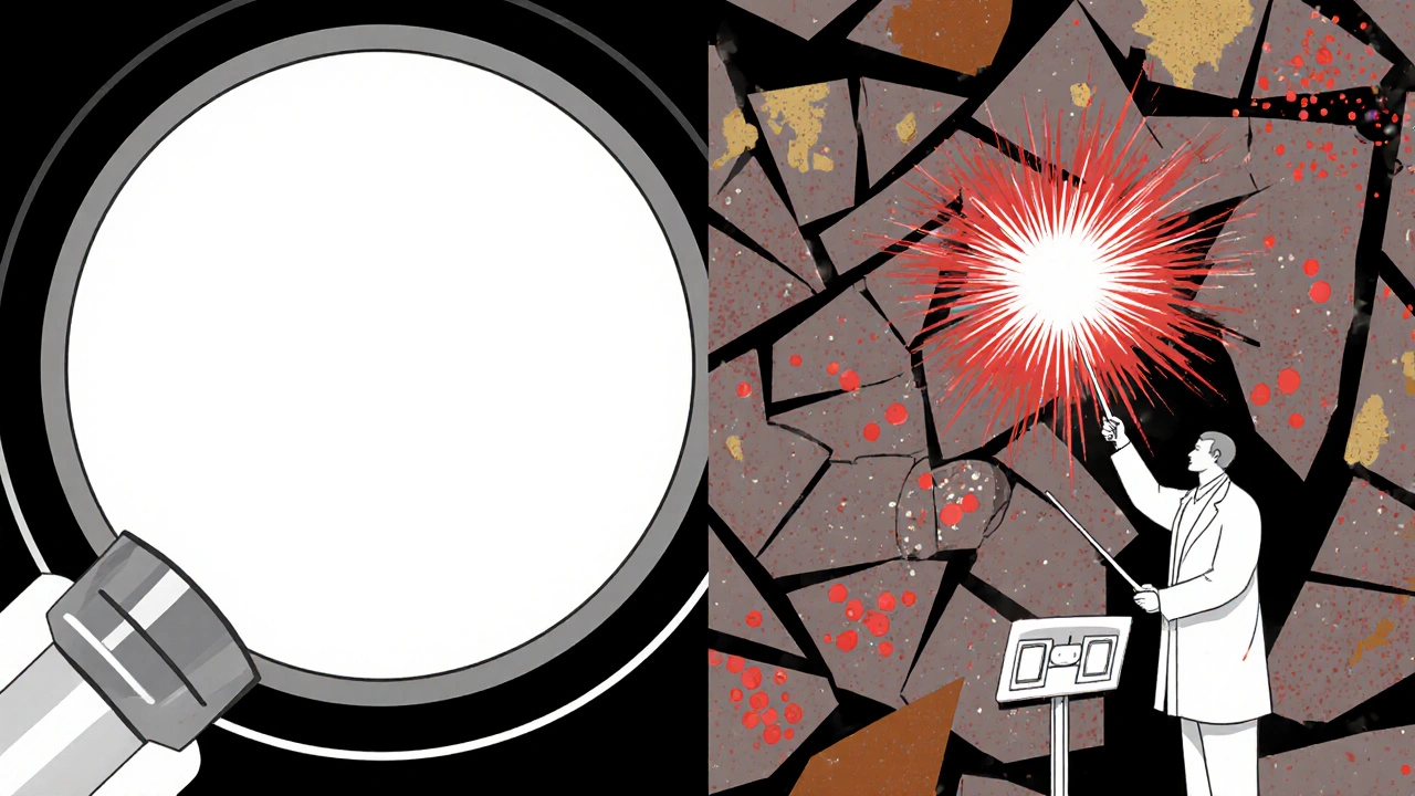 Split colon image: normal scope view vs. inflamed microscopic tissue, rendered with angular shapes and medical light symbolism.