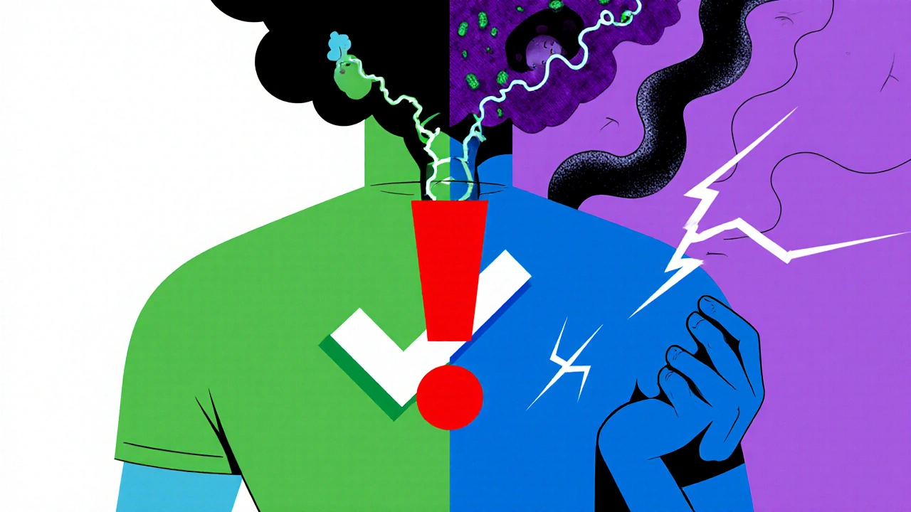 Split illustration: one side calm back pain, the other with dark tendrils of infection, tumor, and nerve damage rising from the spine.