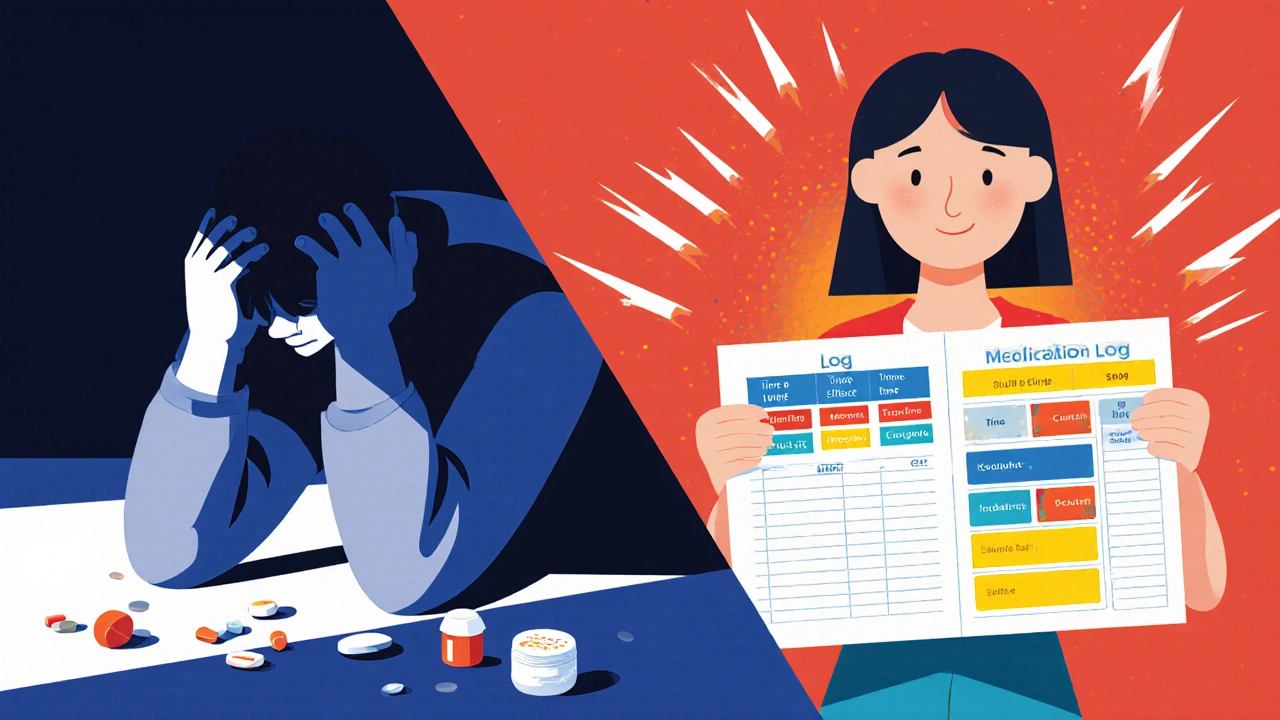 Split image: chaotic pill scattering vs. organized medication log with geometric clarity.