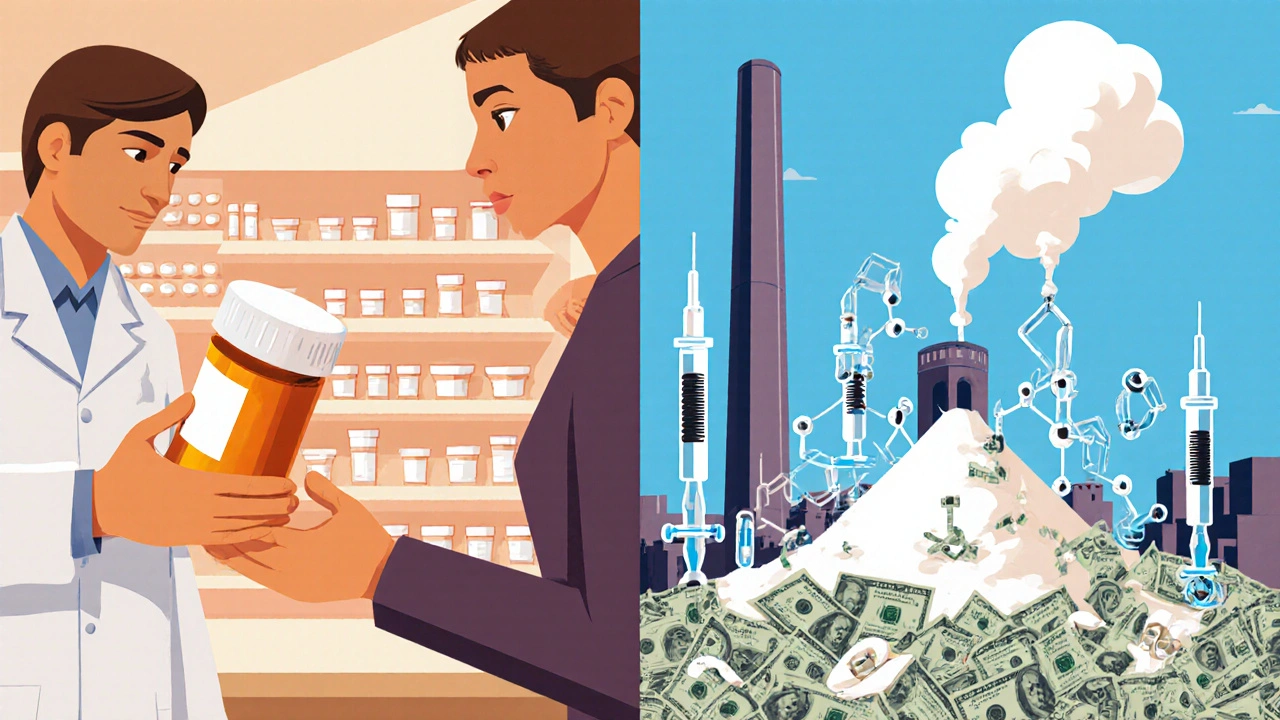 Split image: legitimate pharmacy pill vs. chaotic fentanyl pill production with a looming fentanyl molecule.