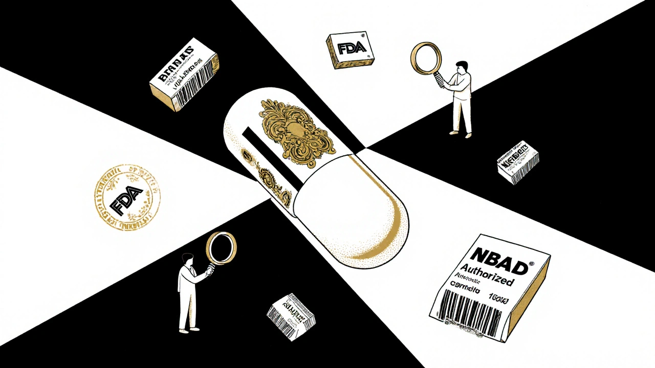 Split pill showing identical interiors, one branded, one generic, surrounded by FDA seals and barcodes.