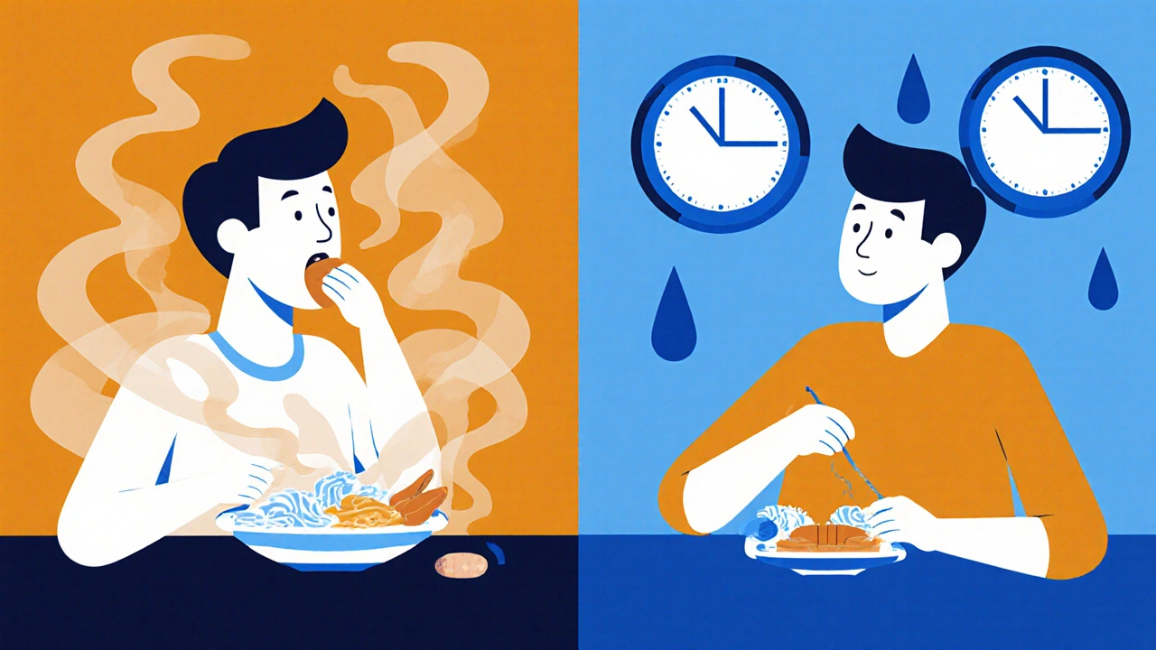 Split scene: chaotic large meal vs. calm small meals with timed fluids, in Constructivist style.