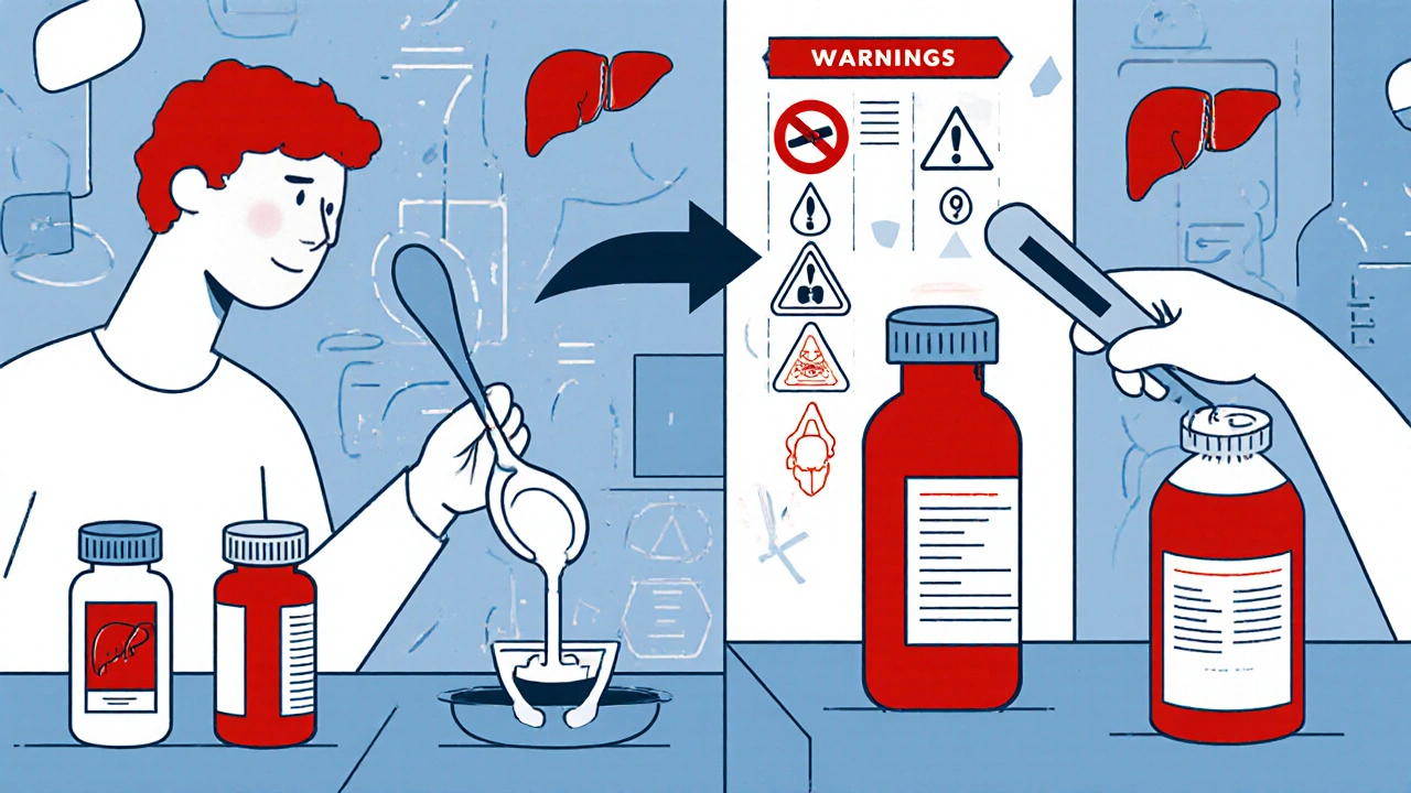 Split scene: kitchen spoon vs. syringe for medicine, with warning symbols and dosage instructions highlighted.