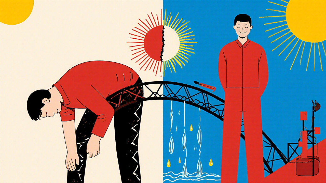 Split scene of pain vs. healing: one side in distress, the other restored, connected by fiber and water strands.