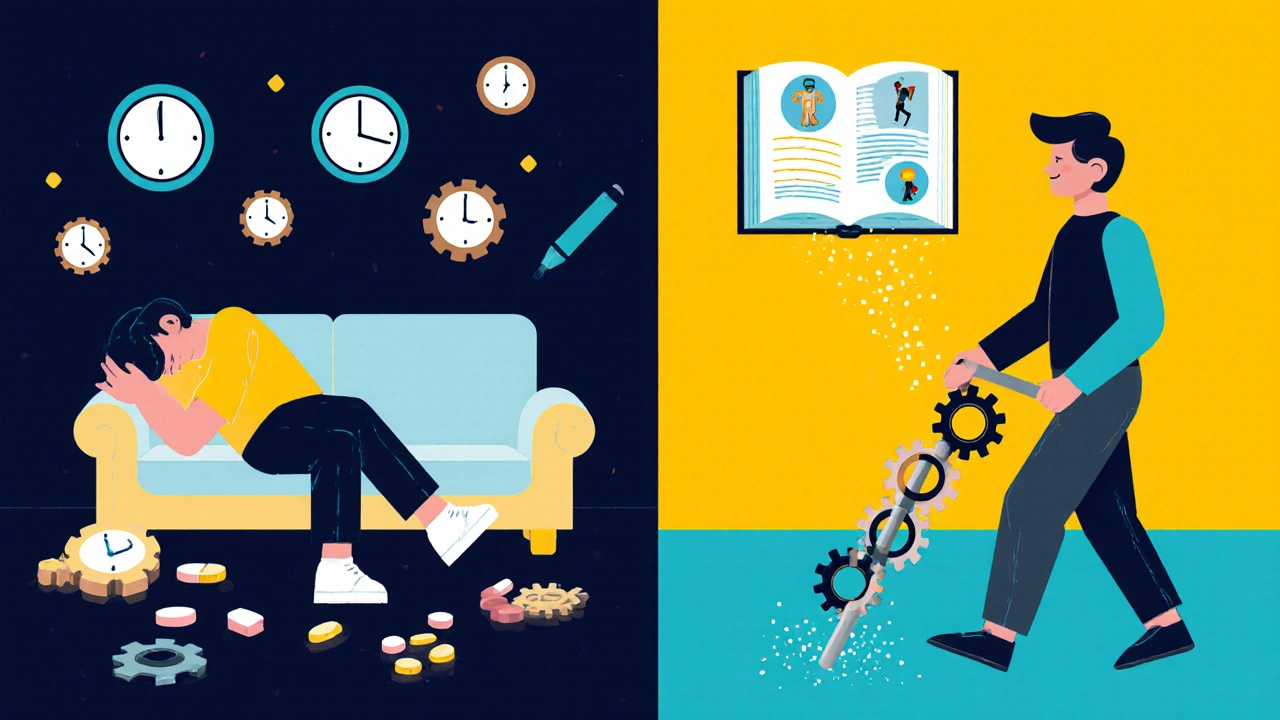 Split scene: one side shows person overwhelmed by pills, other side shows them walking with a gear-cane and light particles.