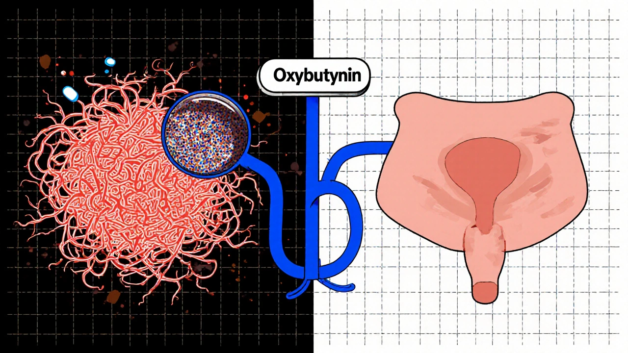 Split view: chaotic nerves vs. calm bladder, connected by a therapeutic flow.