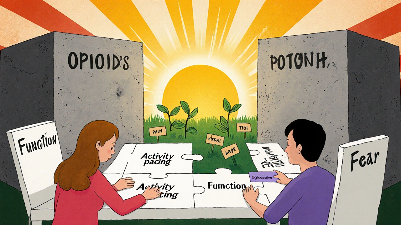 Therapist and patient at a puzzle table with CBT tools, missing pieces symbolizing barriers, sun rising over walls of stigma.