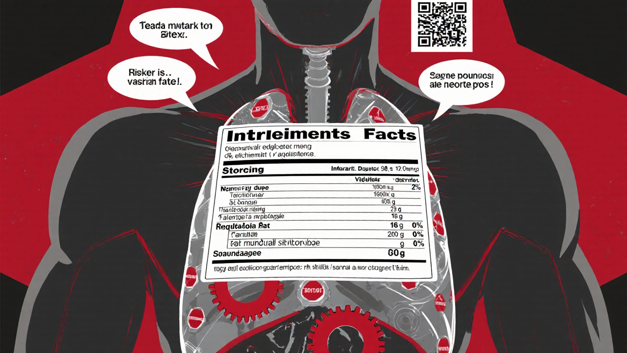 Transparent human torso with Drug Facts label as mechanical blueprint, showing active ingredients, warnings, and allergens.