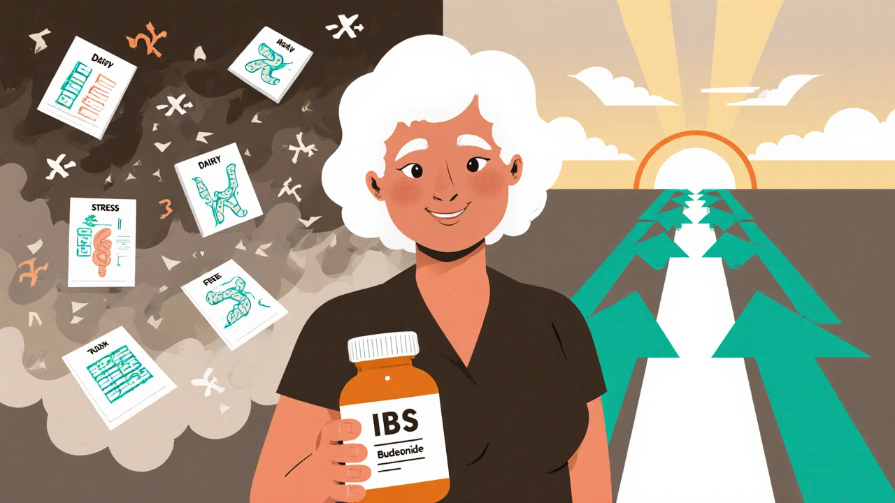 Woman holding budesonide bottle, standing between chaotic misdiagnosis symbols and a calm path to wellness, stylized in Constructivist art.