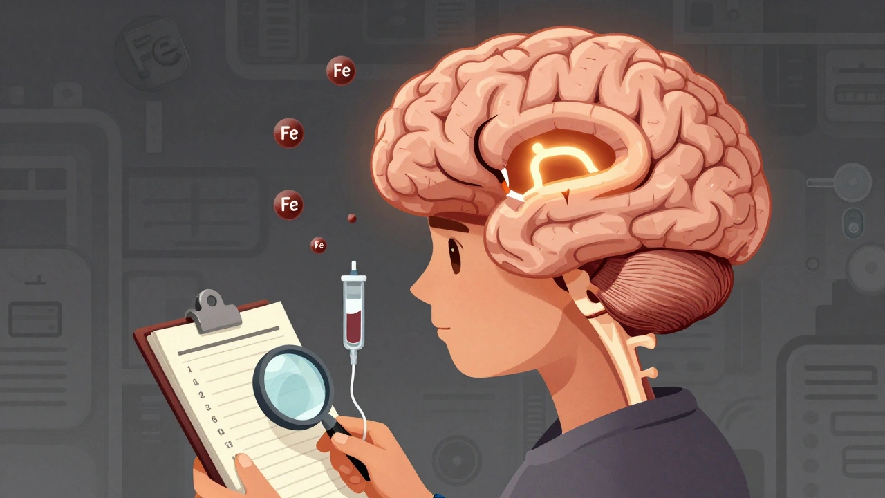 A brain with broken dopamine circuit and iron atoms drifting toward it, alongside a patient tracking symptoms in a journal.
