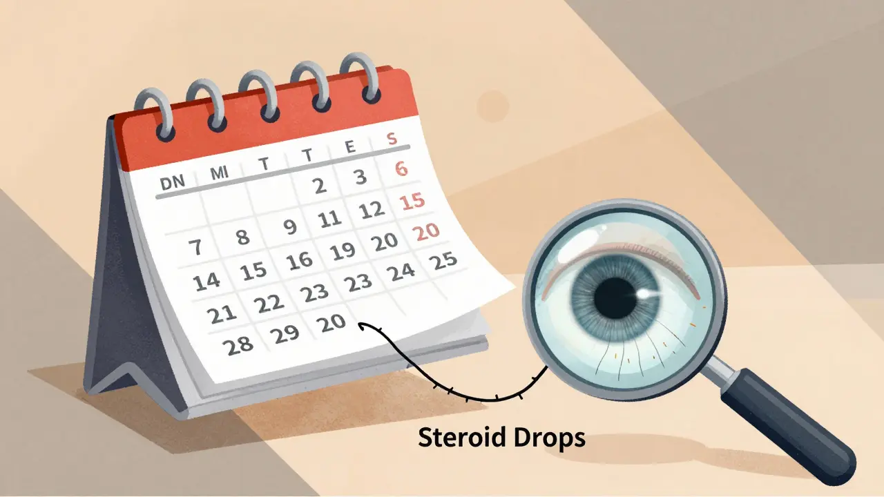 A calendar showing rapid steroid use leading to vision deterioration, with a magnifying glass revealing nerve damage.