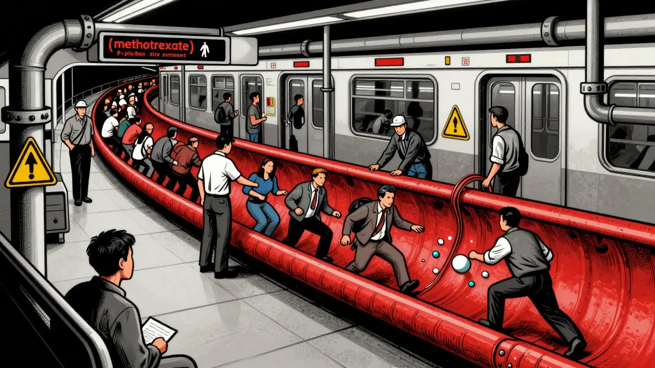 A crowded kidney tubule like a subway station where drugs compete to exit, with a bouncer blocking one.