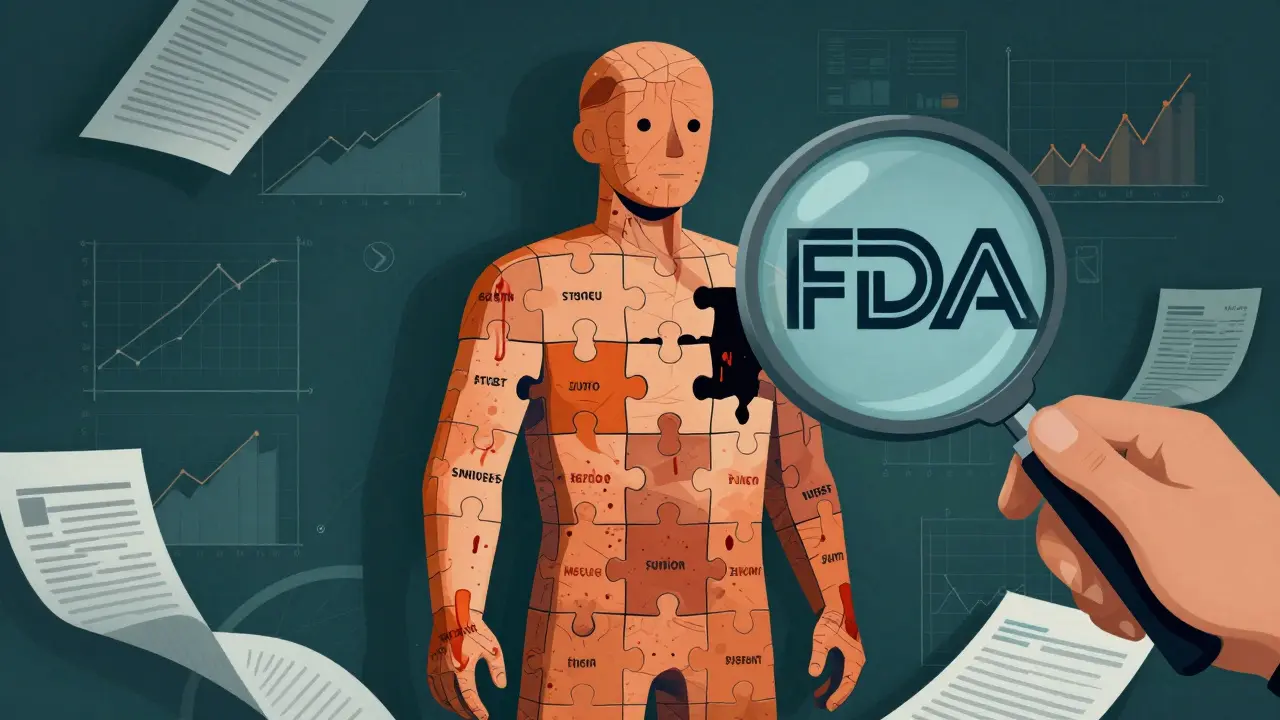 A fragmented human figure made of symptom puzzle pieces assembling under an FDA magnifying glass.