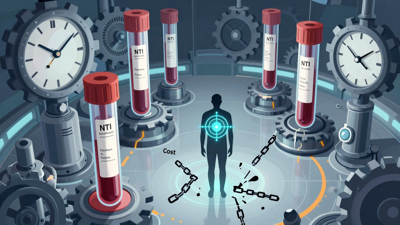 A hospital lab with towering blood test tubes for NTI drugs, a patient at center with a glowing therapeutic zone.