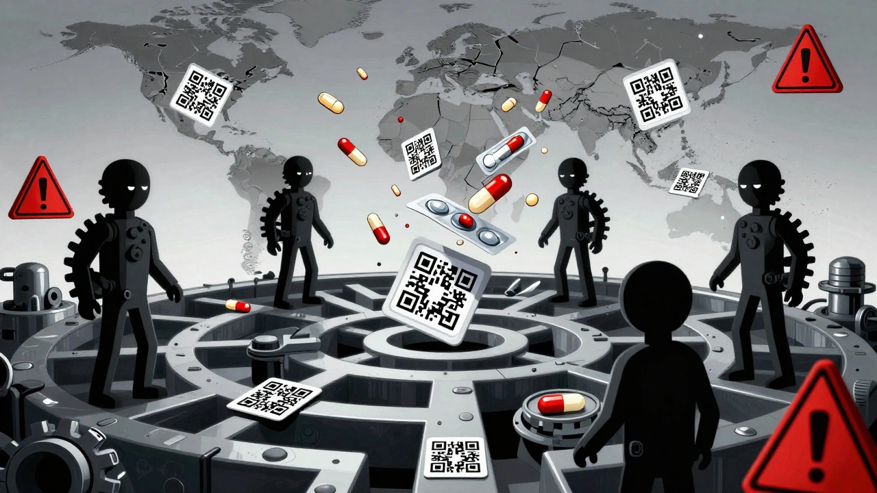 A mechanical supply chain of faceless figures transports counterfeit pills through a fractured map of developing nations.