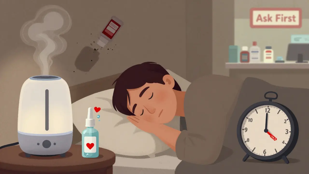 A person sleeping safely with steam, saline spray, and humidifier, while dangerous bottles crumble away.
