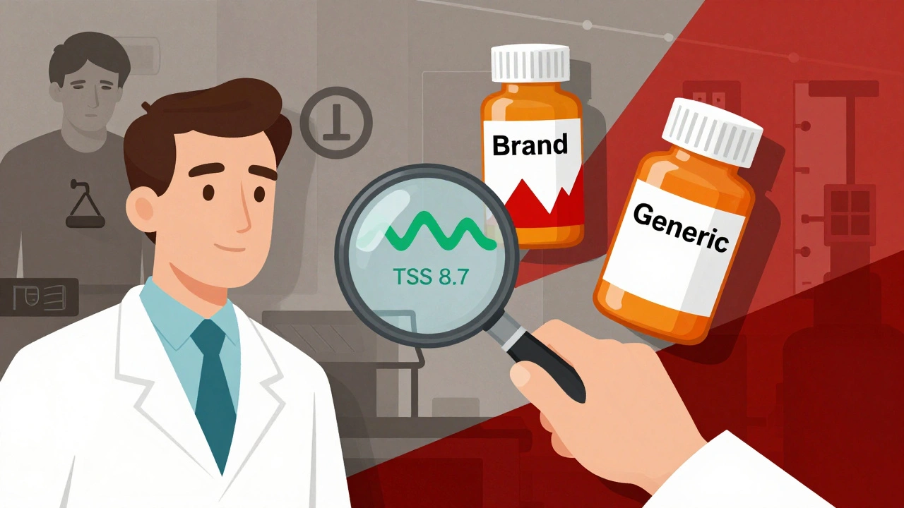 A pharmacist examining a levothyroxine prescription, with two pill bottles showing stable and dangerous TSH levels.