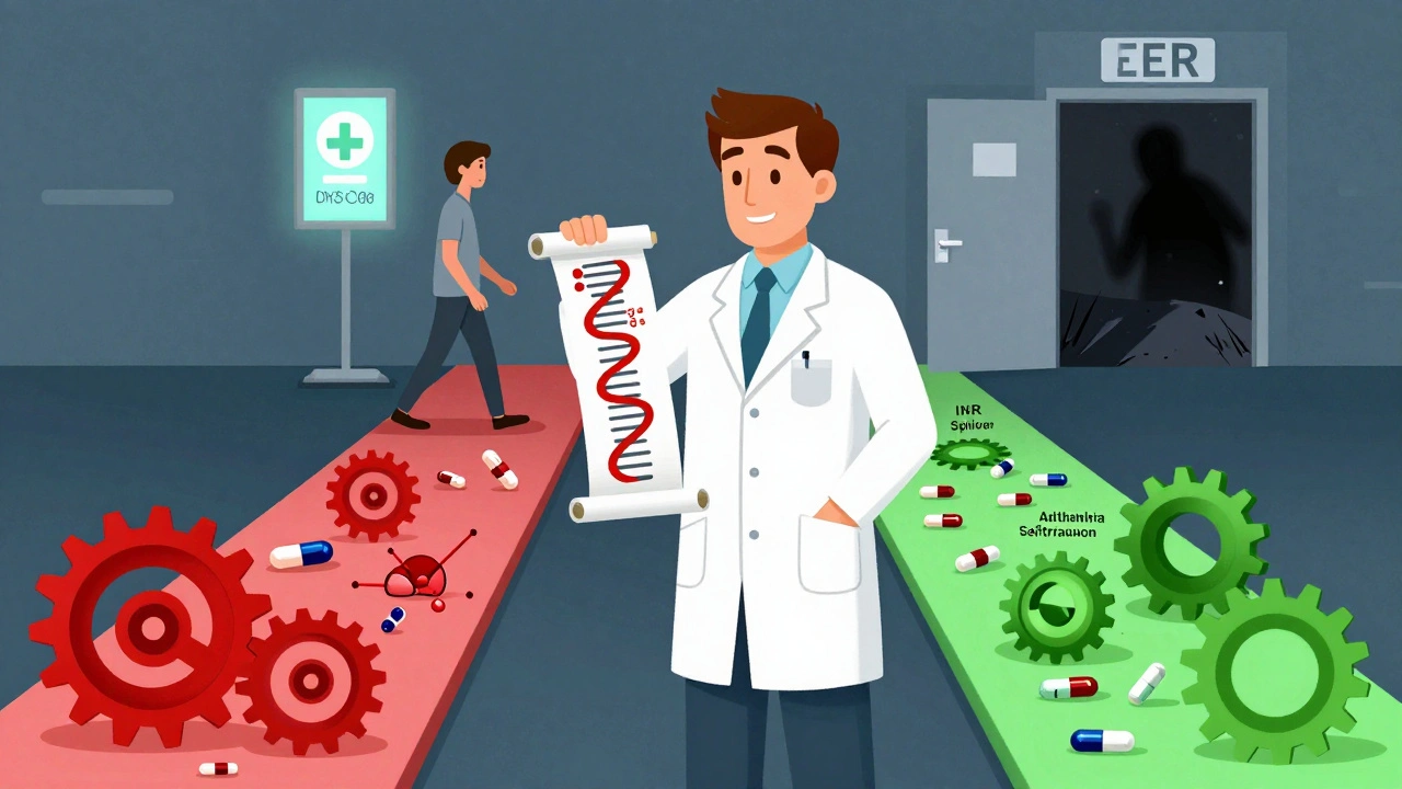 A pharmacist holding genetic data between dangerous and safe antibiotic paths, with a patient moving toward a clinic.