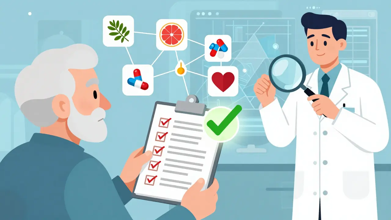 An elderly person with medication icons, a pharmacist checking interactions, and a glowing checklist for safety.