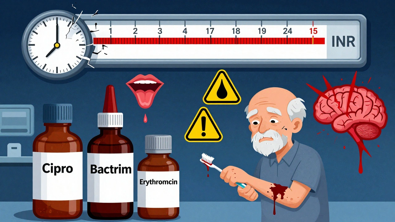 An emergency room scene with a rising INR meter, dangerous antibiotics, and warning signs of bleeding in a Constructivist style.