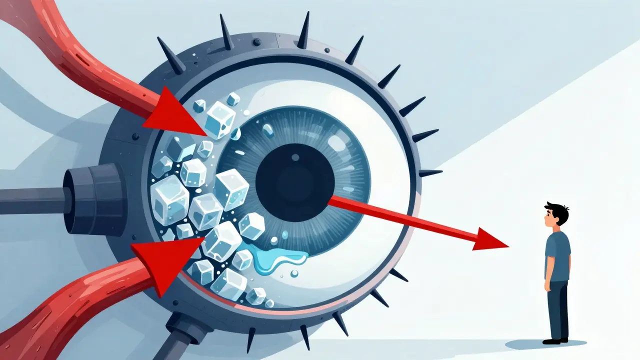 An eye with a clogged drainage system and rising pressure crushing the optic nerve.