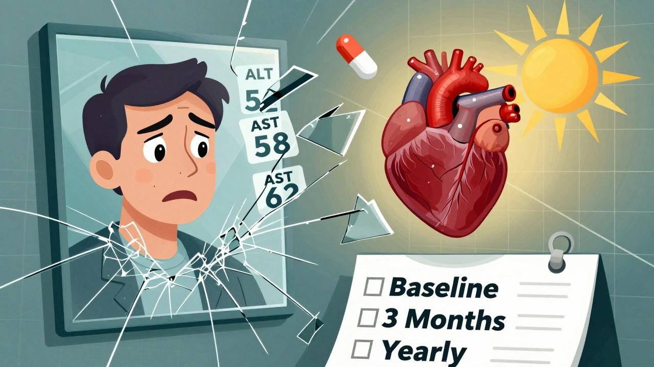Anxious patient&#039;s reflection in shattered lab results, with healthy heart and statin pill emerging from fragments.